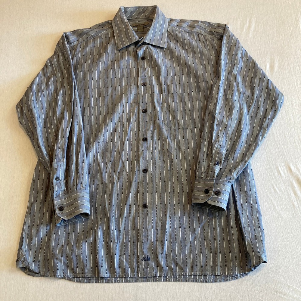 Johnston & Murphy‎ Shirt Mens Large Blue Gray Geometric Striped Dobby Cotton - Picture 10 of 13